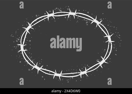 Gedrehter Ring y2k mit Stacheldraht, Tätowierung mit rundem Rand, Rahmen aus gotischem, strukturiertem Stahl, spitze ovale Barriere, Silhouette isoliert auf dunklem Hintergrund. Vektorabbildung Stock Vektor
