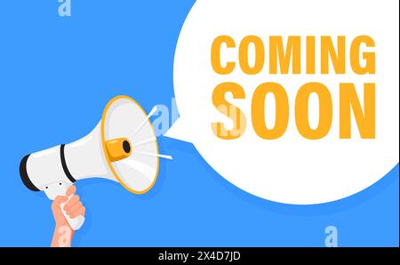 Demnächst Erhältlich. Halten Sie den Megaphonlautsprecher für die Ankündigung mit der Hand. Achtung, bitte. Schreiende Leute, Werbesprache Symbol Stock Vektor
