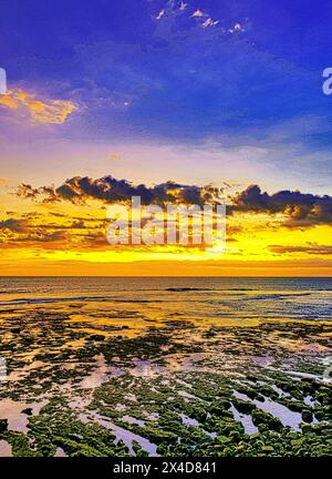 Das goldene Licht der untergehenden Sonne reflektiert ein goldenes Leuchten am Strand am Pererenan Beach, während die Wellen auf Bali, Indonesien, hereinbrechen Stockfoto