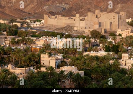 Bahla Fort, ein UNESCO-Weltkulturerbe, und Bahla Dorf voller Palmen. Bahla, Oman. Stockfoto