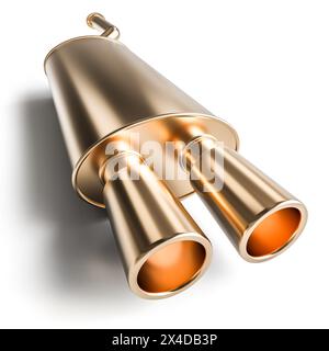 Goldener Autoschalldämpfer isoliert auf weißem Hintergrund 3D-Rendering Stockfoto