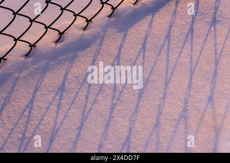 Kanada, Manitoba, Winnipeg. Zäune Schatten auf Schnee bei Sonnenuntergang. Stockfoto
