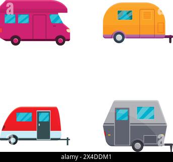 Camping-Automobil-Symbole setzen Cartoon-Vektor. Transporter und Pickup mit Anhänger. Sommerurlaub, Touristenausflug Stock Vektor