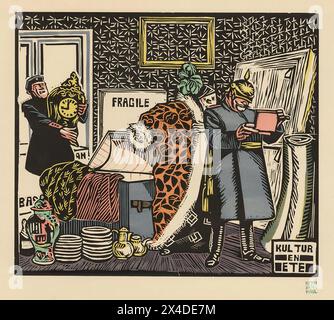 Vintage World war One Art Farbholzschnitt von Hermann-Paul aus Serie Four Staffels of Culture. Sommer. Deutsche Soldaten plündern Güter der wohlhabenden Heimat, Stockfoto