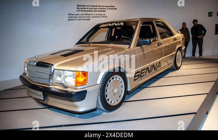 23/2024 Turin (Italien) der Mercedes Benz 190 E, mit dem Ayrton Senna 1984 das Rennen zur Einweihung der neuen Nürburgring-Strecke gewann Stockfoto