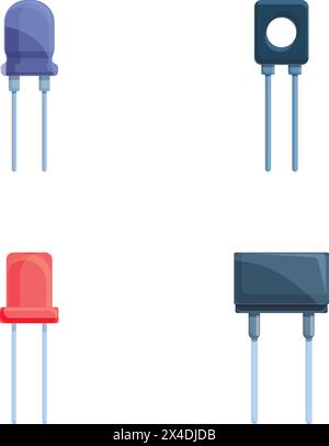 Verschiedene Kondensatorsymbole legen den Cartoonvektor fest. Kondensator und Transistor. Elektronisches Bauteil Stock Vektor