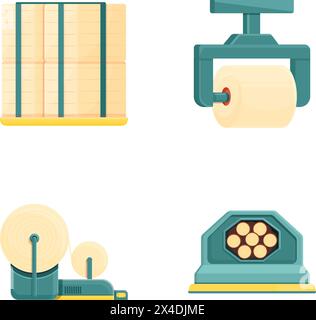 Papierherstellung Icons setzen Cartoon Vektor. Anlagen für die Papierproduktion Automatisierter Prozess Stock Vektor