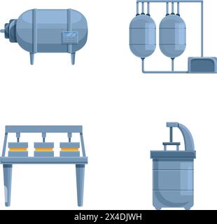 Molkereiproduktion Icons setzen Cartoon Vektor. Ausrüstung zur Herstellung von Käse. Lebensmittelindustrie Stock Vektor