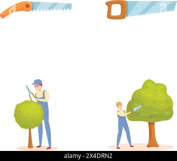 Gärtner Arbeit Symbole setzen Cartoon Vektor. Professioneller Gärtner mit verschiedenen Werkzeugen. Gartengestaltung im Hinterhof Stock Vektor