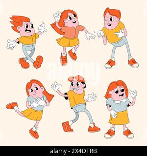 Set mit groovigen Comic-Charakteren der 70er Jahre. Stock Vektor