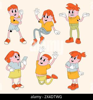 Set mit groovigen Comic-Charakteren der 70er Jahre. Stock Vektor