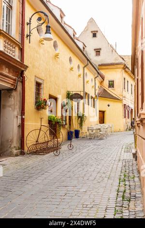 Rumänien, Brasov. Häuser mit Arkaden und Terrakotta-Dach aus dem 16. Jahrhundert und enge Gassen. Stockfoto