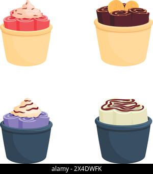 Rolleis-Symbole setzen Cartoon-Vektor. Köstliches Eis in einer Tasse. Nachtisch, süße Speisen Stock Vektor