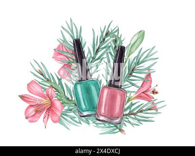 Pastellrosa und grüner nagellack zwischen Blumen und Fichtenzweigen. Glasflasche mit schwarzem Verschluss. Komposition in trendigen Farben für Schönheit, Maniküre. Stockfoto