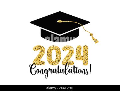 Abschluss 2024 Grußkarte Glückwunschtext, Poster. Vektorabbildung. Schwarze Akademiekappe und goldglänzende 2024-Zahlen Stock Vektor