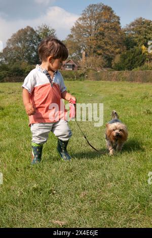 Kleiner Junge, der Yorkshire Terrier an der Spitze läuft Stockfoto