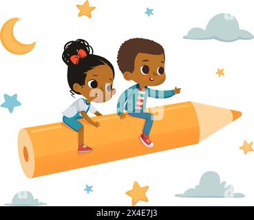 Afroamerikanische Lustige Kinder Fliegen Auf Buntem Gelbem Bleistift. Phantasie- Und Kognitionskonzept. Isoliert. Stock Vektor