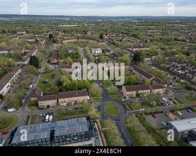 Luftaufnahme der Fishermead Wohngegend von Milton Keynes, Bucks, Großbritannien. Stockfoto
