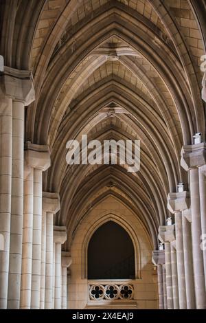 Perspektivischer Blick auf das Kirchenschiff in der Kathedrale von Almudena in Madrid Stockfoto