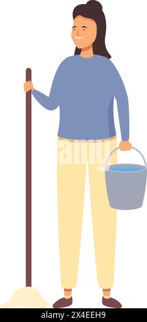 Mutter nimmt Mopp und Wasserkübel Icon Cartoon Vektor. Hauswirtschaft. Reinigungsroutine Stock Vektor