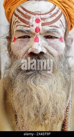 Porträt eines älteren Sadhu oder spirituellen Aspiranten in Varanasi, Indien. Stockfoto