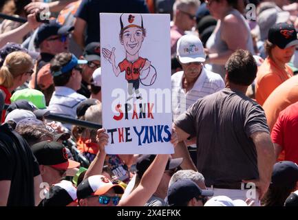 Baltimore, USA. Mai 2024. BALTIMORE, MD - 02. MAI: Orioles-Fan zeigt ihr Zeichen während eines MLB-Spiels zwischen den Baltimore Orioles und den New York Yankees am 2. Mai 2024 im Orioles Park at Camden Yards in Baltimore, Maryland. (Foto: Tony Quinn/SipaUSA) Credit: SIPA USA/Alamy Live News Stockfoto