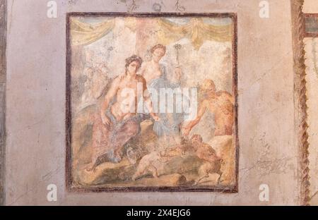 Pompeji Fresko oder Wandgemälde - Ringkampf zwischen Pan und Eros; Haus der Vettii (Casa Vettii); Pompeji Römische Ruinen, Pompeji Italien Stockfoto