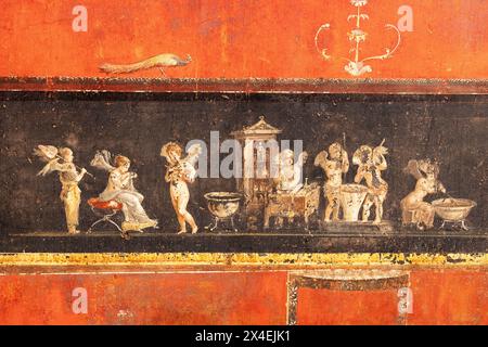 Pompeji Fresko - farbenfrohe Details von Wandfresken in der Villa des Hauses Vettii, UNESCO-Weltkulturerbe, Pompeji, Kampanien, Italien Stockfoto