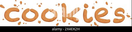 Gebissene Textbuchstaben für Schokoladenkekse. Hausgemachte braune Kekse mit Krümeln zerquetscht. Cartoon gebackene runde Schokoladenkekse beißen Animationsvektor Stock Vektor