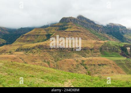 Ein kalter und nasser Tag über den wunderschönen Drakensberg-Bergen in der Nähe des Cathedral Peak in KwaZulu-Natal, Südafrika Stockfoto