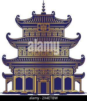 Chinesisches Pagode-Vektorelement mit blauem und goldenem Farbdesign Stock Vektor