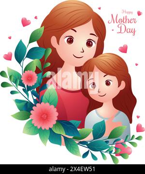 Glückliche Mutter Tag Symbol oder Symbol, glückliche Mutter mit geliebter Tochter Vektor Illustration Stock Vektor