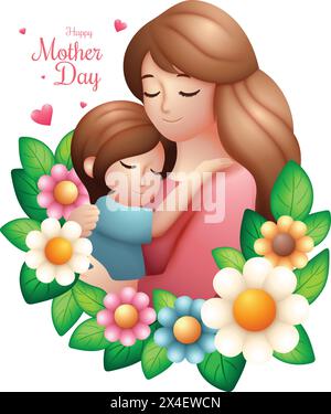 Glücklicher Muttertag Clipart, glückliche Mutter Mutter umarmt ihre geliebte Tochter 3D Vektor Illustration Stock Vektor