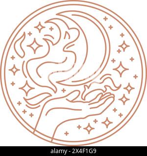 Mystisches Boho-Logo. Hand mit Magie, Mond und Sternen am Himmel runde Form ästhetische Umrissfigur. Stock Vektor