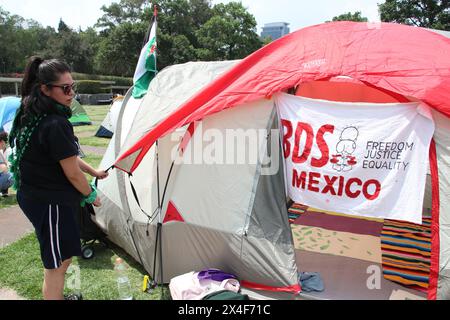 Mexiko-Stadt, Mexiko. Mai 2024. Studenten der Universidad Nacional Autonoma de Mexico (UNAM) errichteten ein Lager, um gegen den Krieg in Gaza und in Solidarität mit dem palästinensischen Volk zu protestieren. Am 2. Mai 2024 in Mexiko-Stadt. (Foto: Jose Luis Torales/Eyepix Group/SIPA USA) Credit: SIPA USA/Alamy Live News Stockfoto