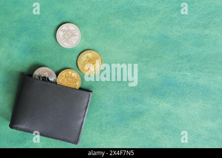Menschliche Hand, die schwarze Brieftasche mit Kryptomünzen hält. Kryptowährung für Zahlungskonzept. Stockfoto
