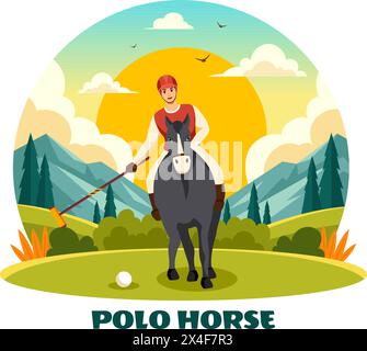 Polo-Pferd-Sport-Vektor-Illustration mit Spieler Reiten Pferd und Halten Stock verwenden Ausrüstung, die auf Konkurrenz im flachen Zeichentrickhintergrund eingestellt ist Stock Vektor