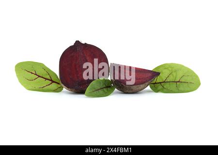 Rote Bete zeigen ihre leuchtend violetten Innenräume mit ihren frischen grünen Blättern vor weißem Hintergrund Stockfoto