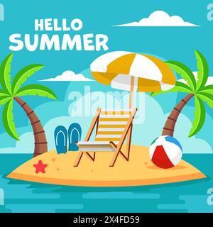Handgezeichnete Sommer-Illustration mit Blick auf den Strand und Stuhl Stock Vektor