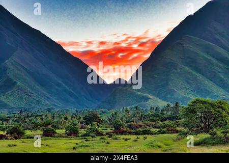 Wunderschöner Sonnenaufgang über den westlichen maui Bergen. Stockfoto