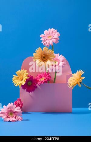 Vertikaler Rahmen mit blauem Hintergrund und frischen Blumen für Werbeartikel am Frauentag. Vorderansicht, leerer Platz für die Konstruktion Stockfoto