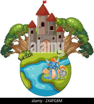 Illustration eines Schlosses, Drachen und Ritters auf schwimmender Insel. Stock Vektor