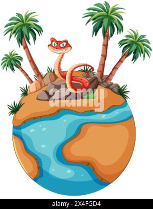 Zeichentrickschlange auf einem kleinen, tropischen, vom Wasser umgebenen Planeten. Stock Vektor