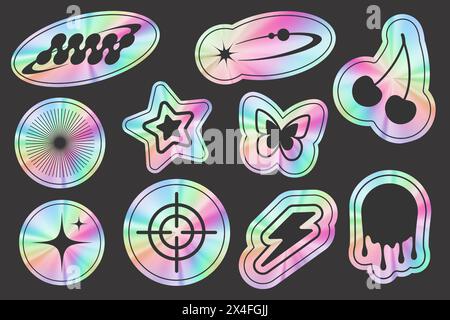 Holografische Y2K-Aufkleber mit realistischer Farbverlaufsstruktur. Retro-Folienetiketten Set. Vector Rainbow 2000er Jahre Design Stempel. Irisierende Säure-Trendelemente Stock Vektor