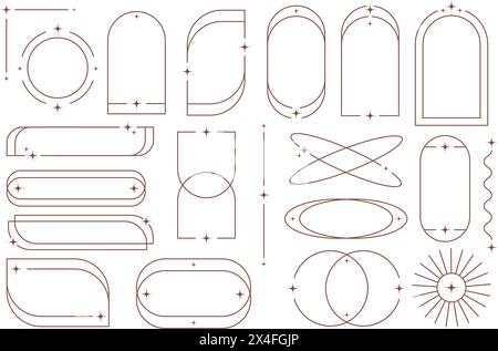 Rahmen mit Sternen umreißen. Ästhetische Randelemente. Minimale grafische Bogenformen. Y2K Moderne einfache abstrakte Figuren mit Funkeln. Trendiges geometrisches Design Stock Vektor