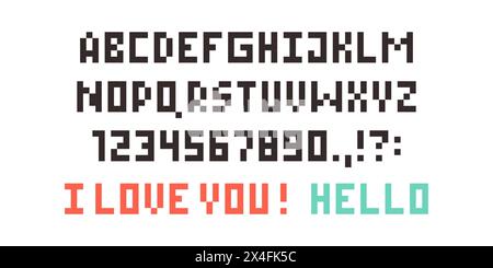 Pixelschriftart festgelegt. Buchstaben- und Zahleneinheiten eines digitalen Bildes oder einer Grafik für die Computeranzeige. Pixelalphabet Stock Vektor