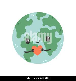 Süße Erde mit Herz in Händen. Cartoon Planet Erde Globus für Karte, Banner, Poster, Aufkleber. Hintergrund des Erdtags. Stock Vektor