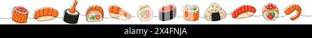 Sammlung von Sushi-Lebensmitteln. Japanische traditionelle Küche, eine Linie. Ikura Sushi, Tobiko Maki, Sake Nigiri, philadelphia Roll, Futomaki, Onigiri Stock Vektor