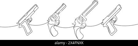 Satz von Revolvern, Pistolen, eine Linie durchgehende Zeichnung. Verschiedene moderne Waffen durchgängig eine Zeile Illustration. Lineare Vektordarstellung. Stock Vektor