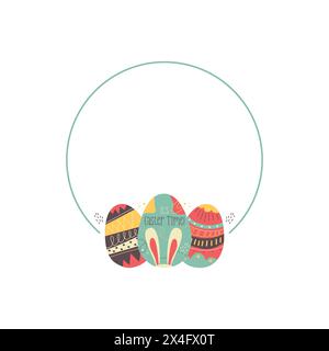 Mit rundem Rahmen im Osterei-Design. Eierjagdgrenze in farbenfrohem, flachem Blau mit Hasenohren. Retro-Kranz. Stock Vektor Illustration Auto Stock Vektor